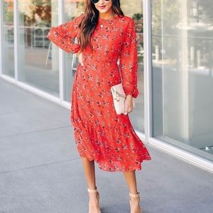 Red Long sleeve floral midi dress